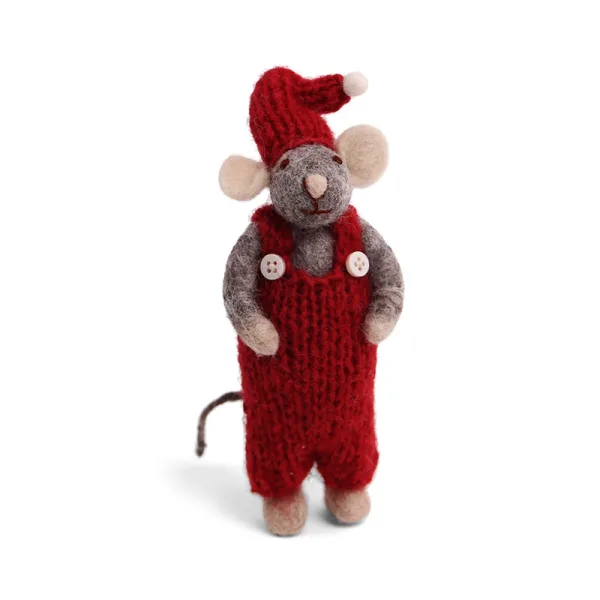 Ãn Gry & Sif - Grå mus m/røde overalls 15cm - Ãn Gry & Sif